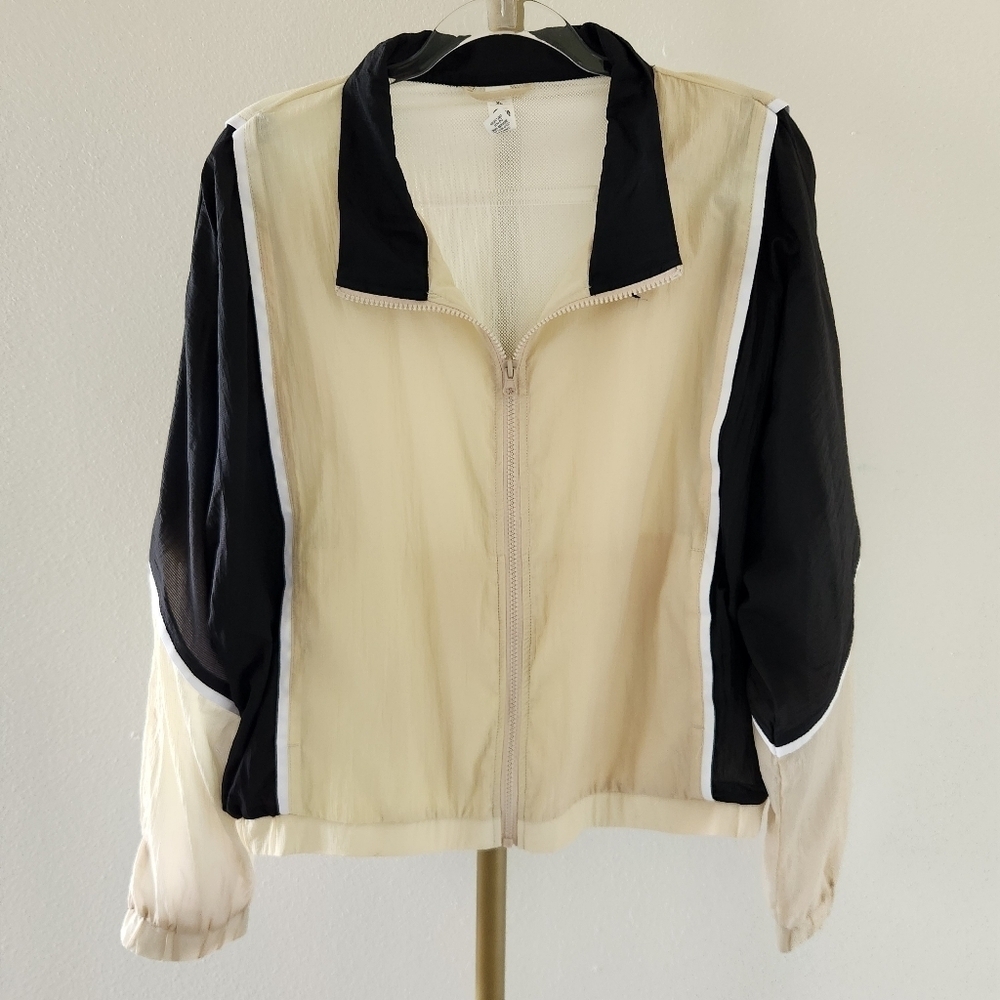 Zyia Active Cropped Zip Up Windbreaker Jacket Womens Size XL Beige Black